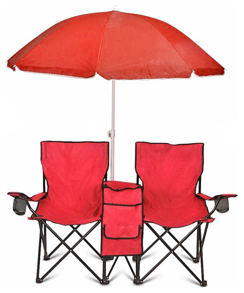 GoTeam Portable Double Folding Chair w/Removable Umbrella, Cooler Bag and Carry