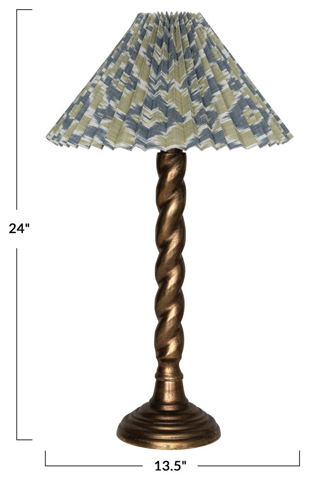 13.5 Round Metal Candlestick Table Lamp, Pleated Cotton Ikat Shade, Multicolor
