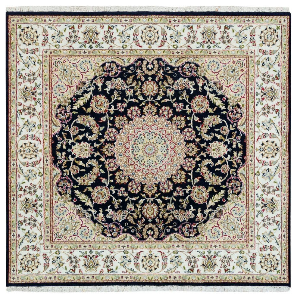 Blue, 250 KPSI, Natural Wool, Hand Knotted, Nain Design Square Rug, 6'3"x6'