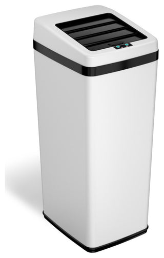 iTouchless 14 Gal Retracting Lid Sensor Trash Can + Odor Filter, White Steel