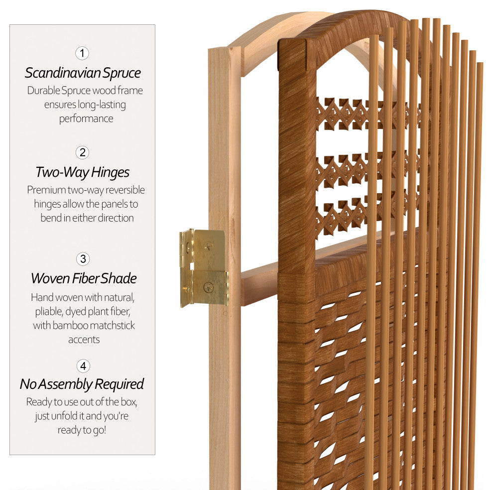 4' Tall Fiber Weave Room Divider, Dark Beige, 4 Panels