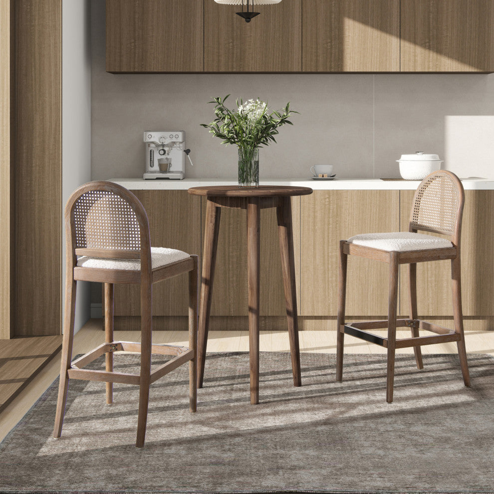 Panama Curved Back Cane Rattan Stool, Set of 2, Ivory White Boucle, 30" Bar Height