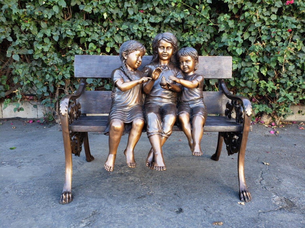 Three kids on a Bench Holding a Bird Bronze Statue -  Size: 40"L x 30"W x 33"H