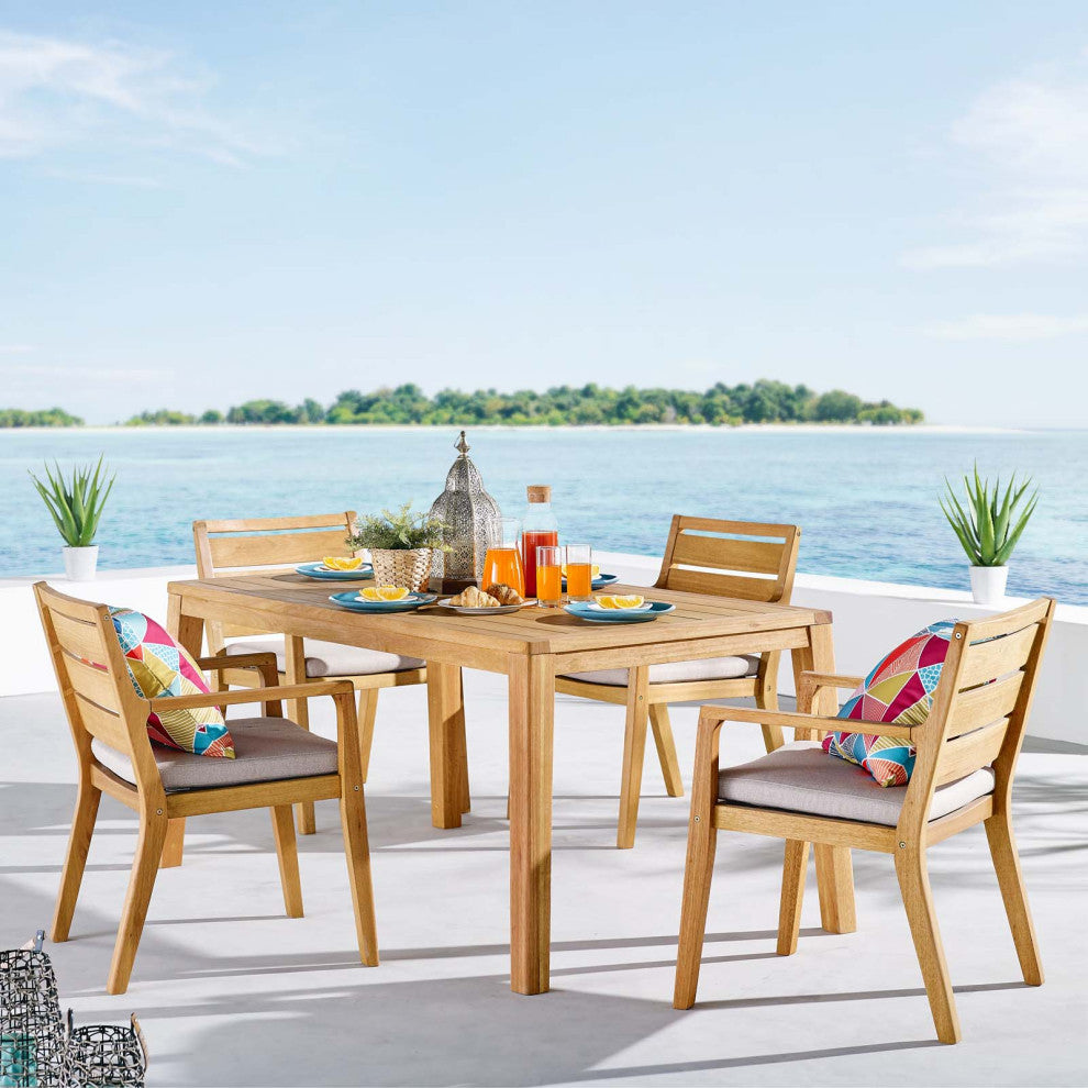 Side Dining Chair and Table Set, Wood, Brown Natural Taupe Gray, Modern, Outdoor