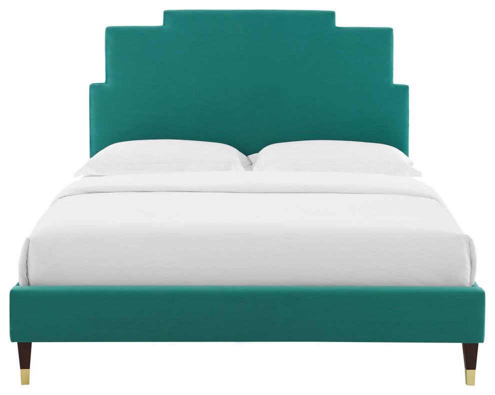 Platform Bed Frame, Full Size, Velvet, Teal Blue, Modern Contemporary, Bedroom