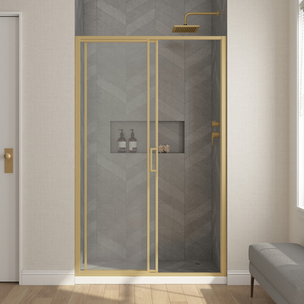 Stanford Sliding Fluted Alcove Shower Door, Brushed Gold, Clear Glass, 48"