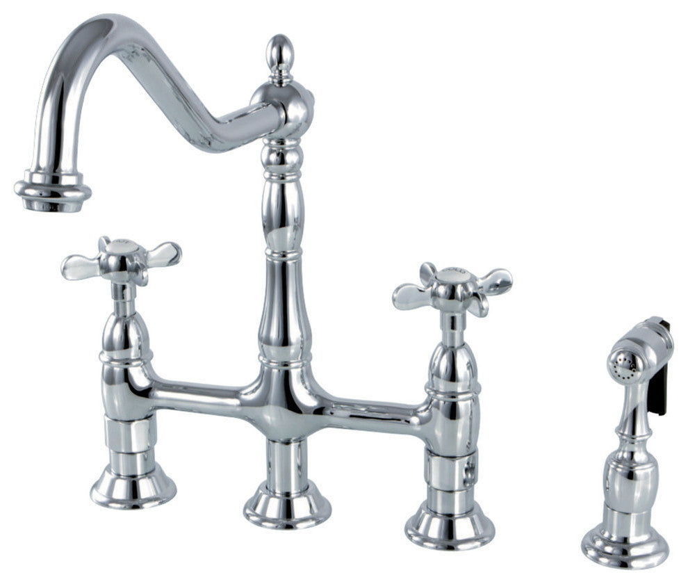 Bridge Kitchen Faucet, Brass Sprayer, Polished Chrome