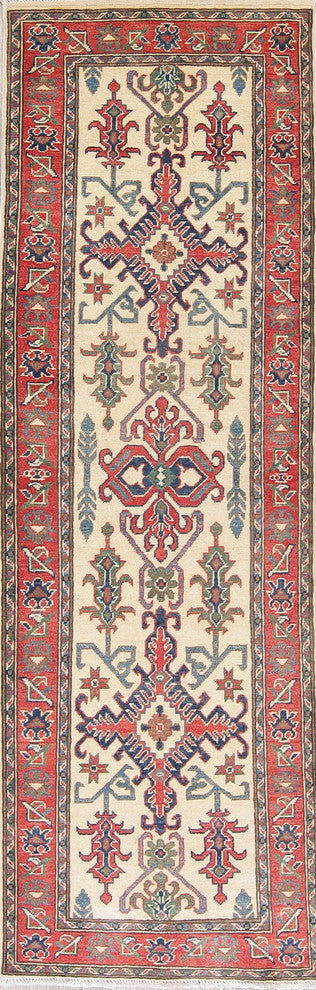 Hand Made Pakistani Oriental Runner Wool Traditional Kazak Rug, Beige, 8'5"X2'9"