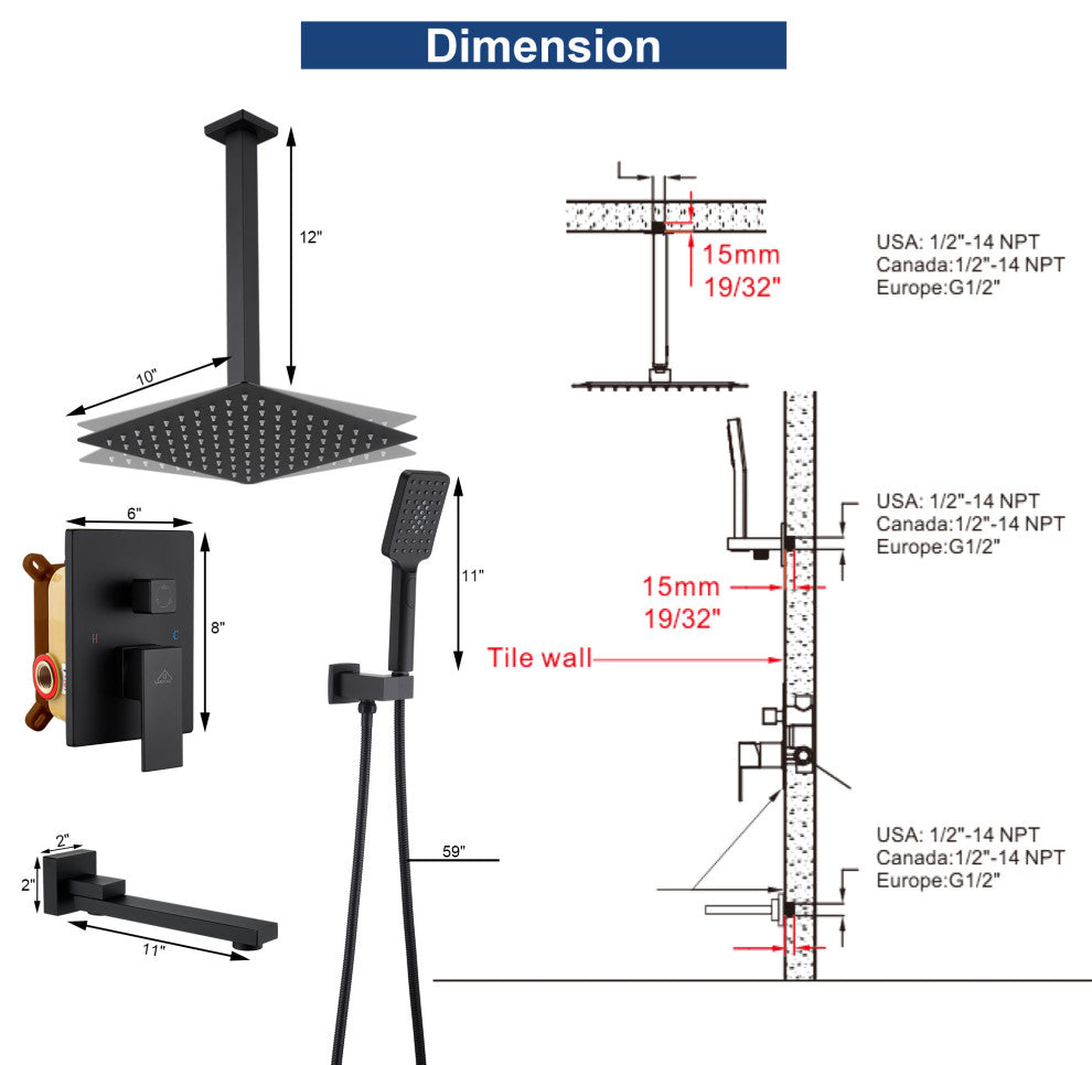 CASAINC 10" Ceiling Mounted Shower System Set w Handheld Spray & Tub Spout, Matte Black