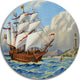 Ancient Boat Drifting In Sea, Seascape Painting Disc Metal Artwork, 11"
