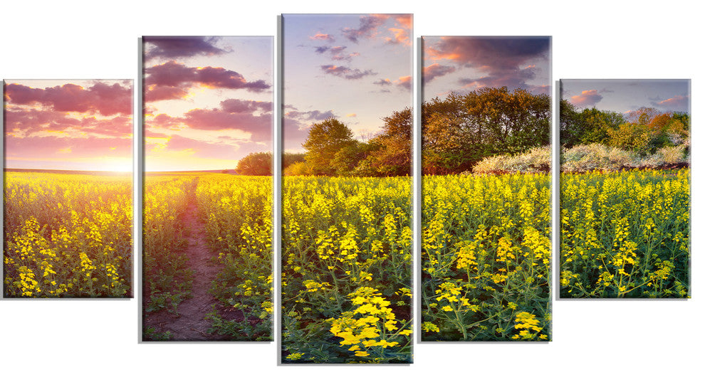 Fantastic Yellow Field at Sunset, Landscape Canvas Print, 60"x32", 5 Panels