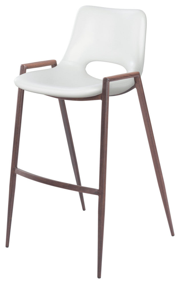 Bar Stool Chair Barstool, Set of 2, Faux Vinyl Leather, Steel, White, Walnut