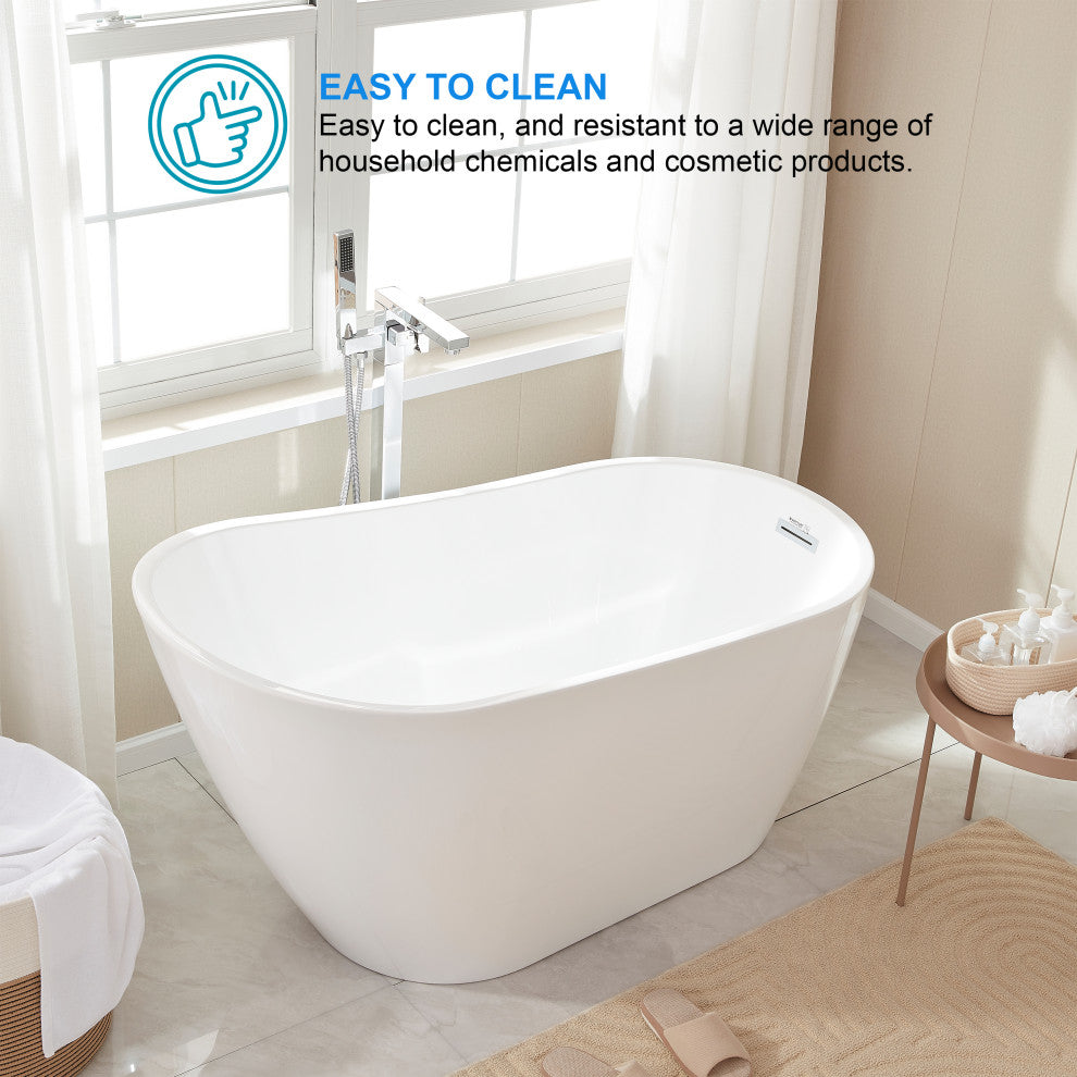 Vanity Art Freestanding Acrylic Soaking Bathtub, White/Polished Chrome, 55"