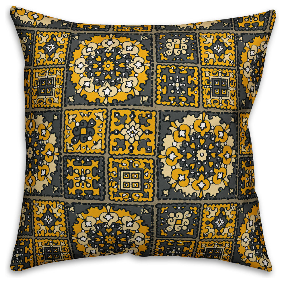 Patchwork Mandala, Yellow and Gray Throw Pillow, 16"x16"