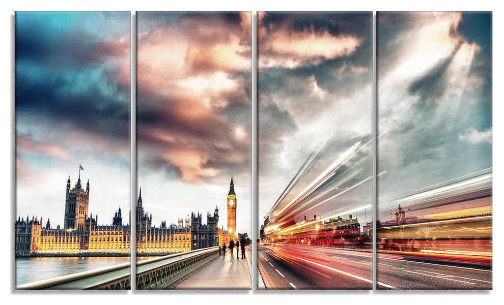 Night Scene of London City, Cityscape Photo Canvas Print, 48x28, 4 Panels