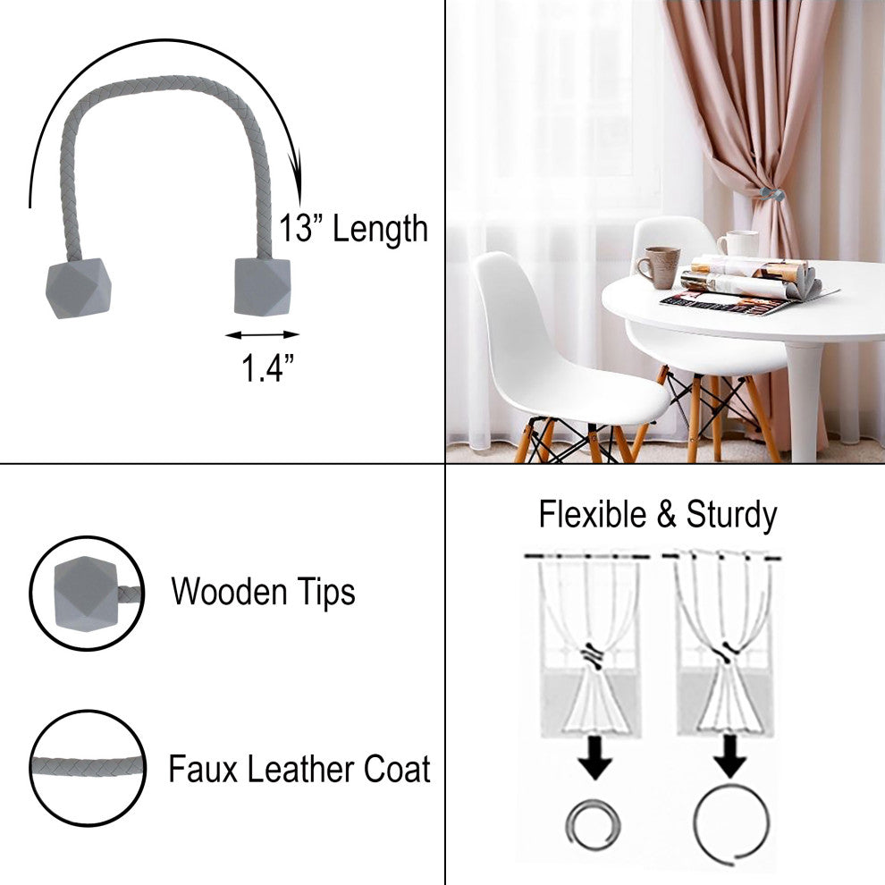 Faux Leather Curtain Tiebacks with Wooden Tips "“ No Installation Needed, Gray, Pack of 2