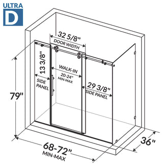 Shower Enclosures With 2 Panels, Frameless, 12mm Clear Tempered Glass, ULTRA-D, Brushed Nickel, 68-72"x79"x36"
