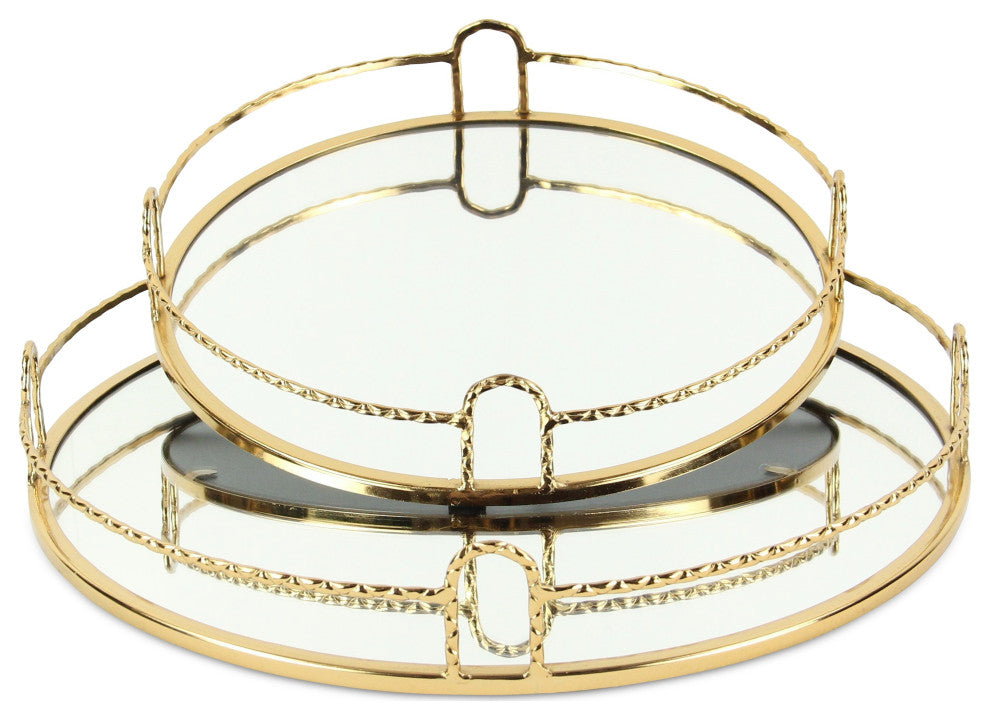 Mianzi Round Quilted Rim Gold Metal Trays (Set of 2)