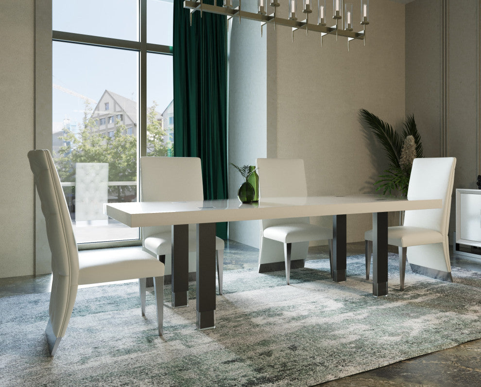 Modrest Lenny Modern White High Gloss and Stainless Steel Gun Metal Dining Table