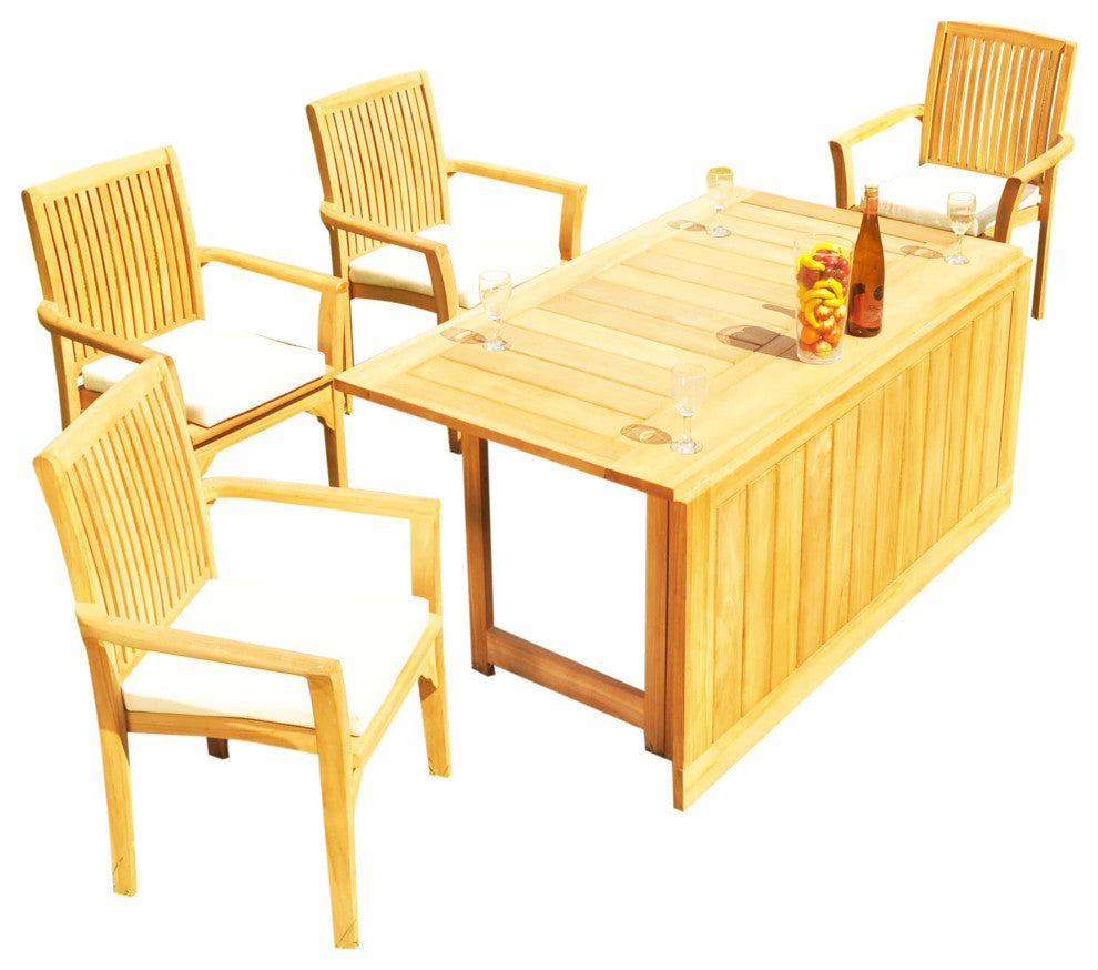 5-Piece Outdoor Teak Set: 60" Square Butterfly Table, 4 Lua Stacking Arm Chairs