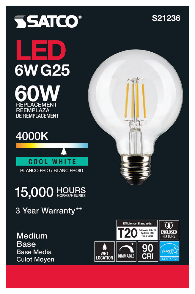 6W G25 LED, Clear, Medium Base, 90 CRI, 4000K, 120V