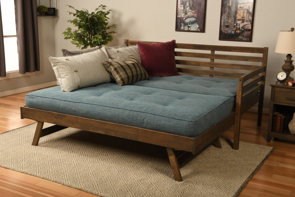 Boho Daybed With Pop Up and Linen Aqua Mattresses, Rustic Walnut