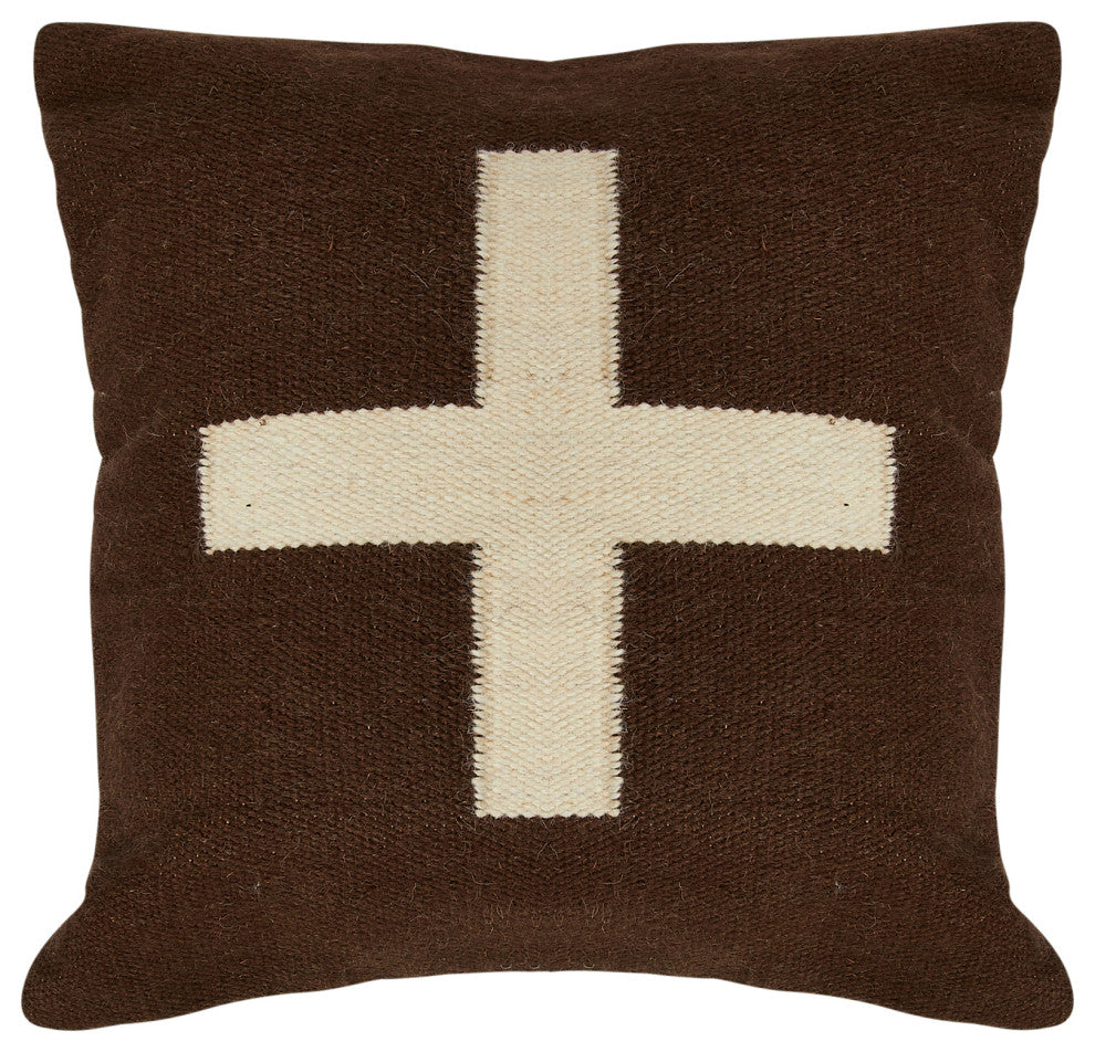 Swiss Cross Cotton Wool Throw Pillow, Brown and Natural