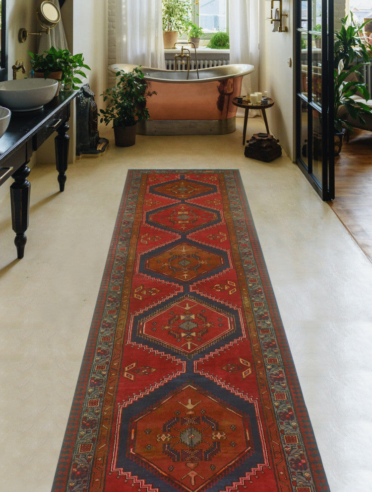 Fine Vintage Distressed Etel Red/Navy Runner, 3'8 x 14'10