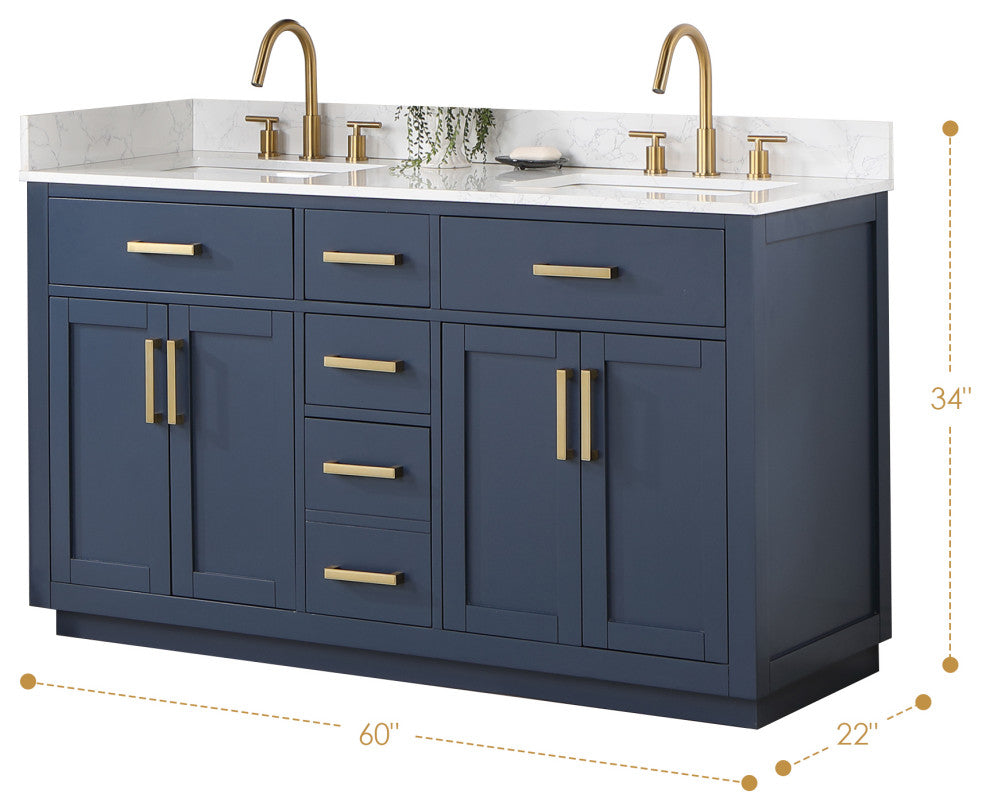 Gavino Vanity With Grain White Composite Stone Top, Royal Blue/Brushed Gold, 60", No Mirror