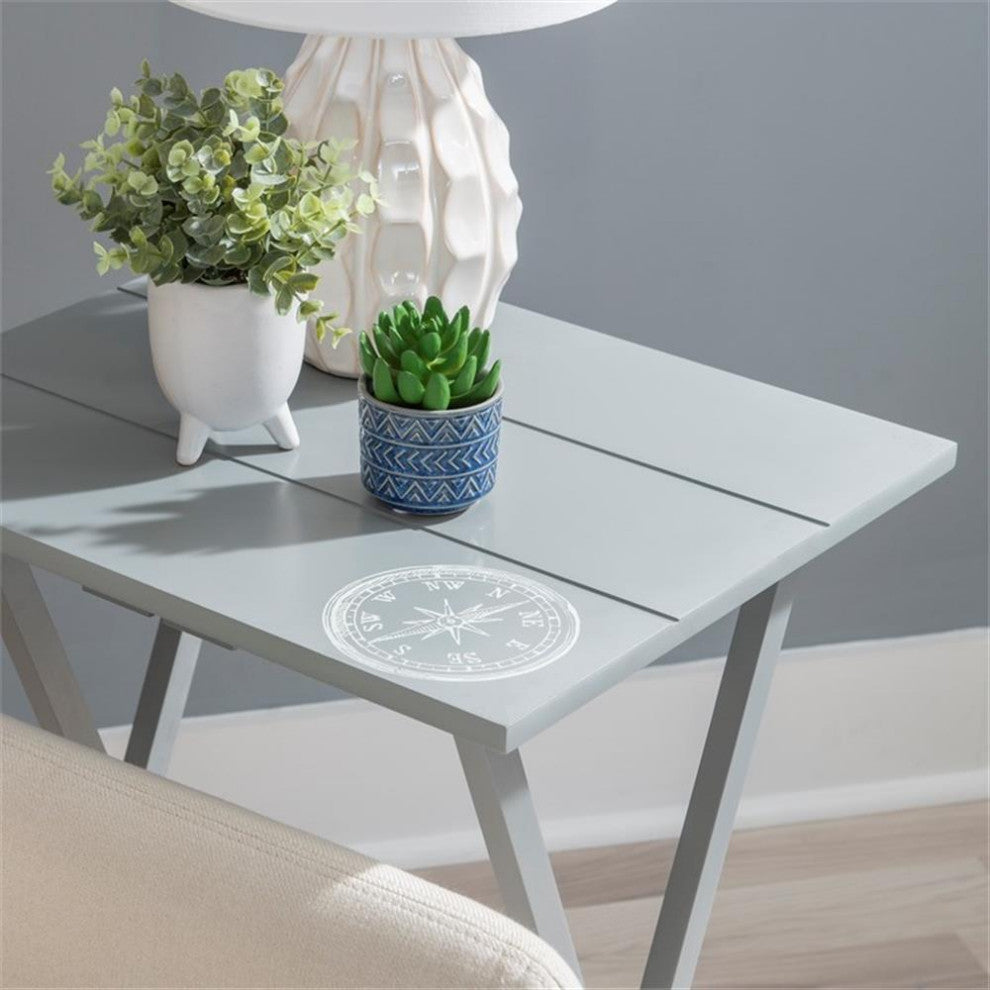 Linon Lorie 5 Piece Tray Table Set Planked Top with Compass Design in Gray Wood
