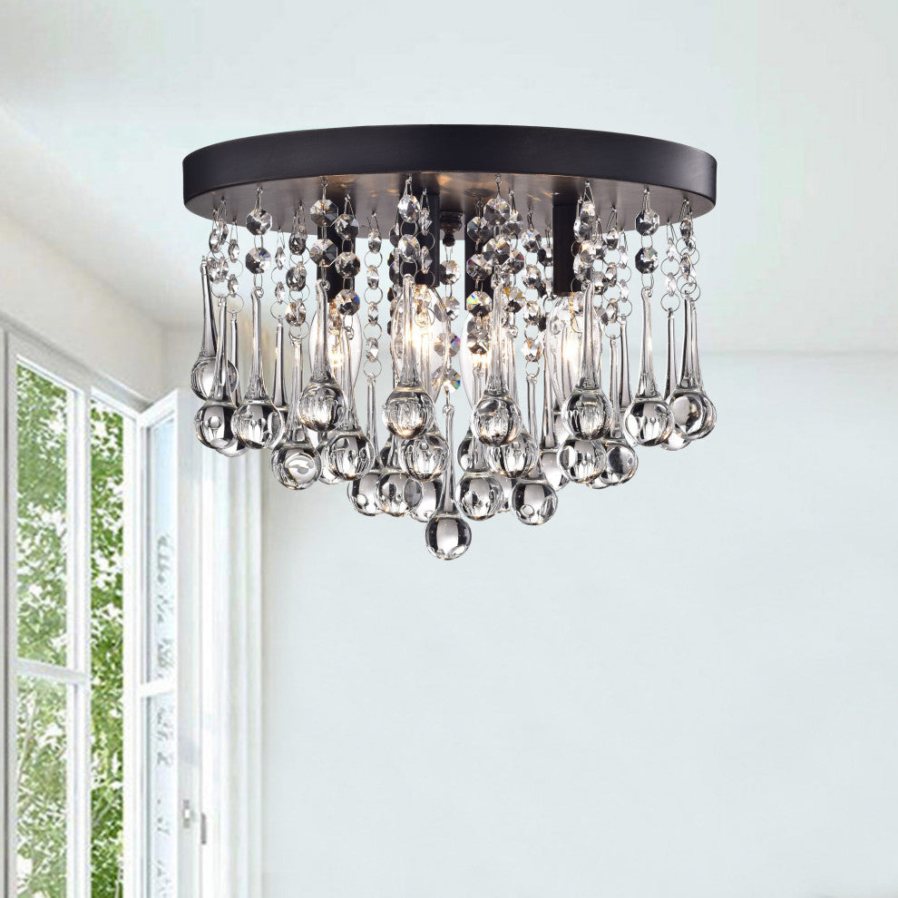 Bella 4-Light Clear Crystal Drops Flush Mount in Black Finish