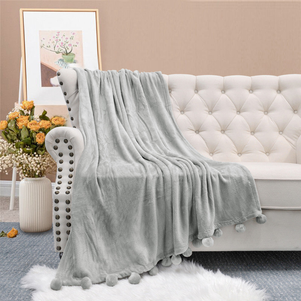 Pom Pom Flannel Fleece Throw Blanket, Silver Grey, 50" X 60"