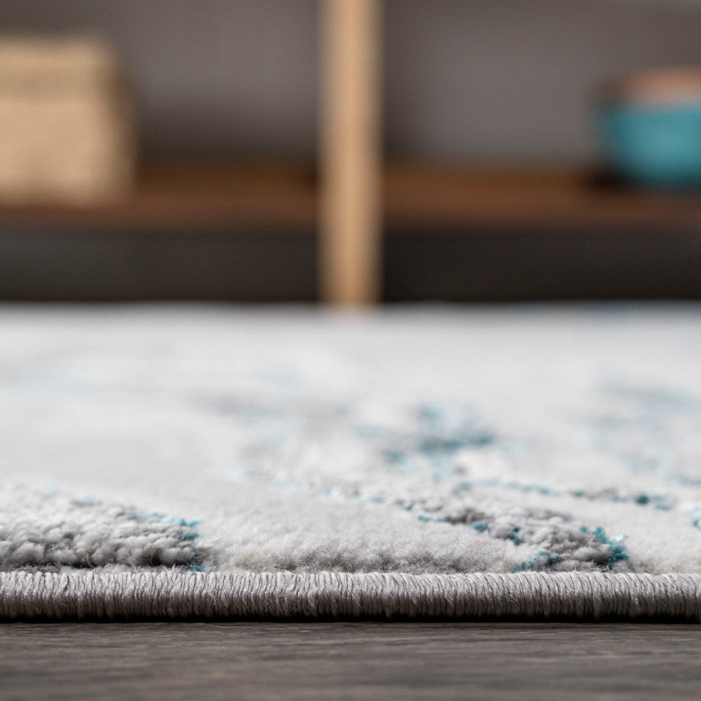 Swirl Marbled Abstract Area Rug, Gray/Turquoise, 2'x10'
