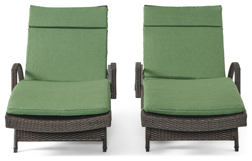 GDF Studio Ann Outdoor Wicker Chaise Lounge With Arms and Cushion, Set of 2, Jungle Green