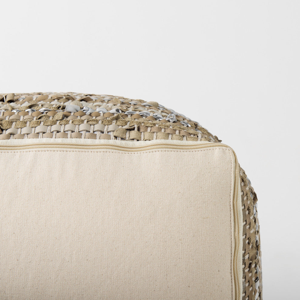 Aadhya 16Lx16Wx16H Taupe/Silver Leather and Cotton Pouf