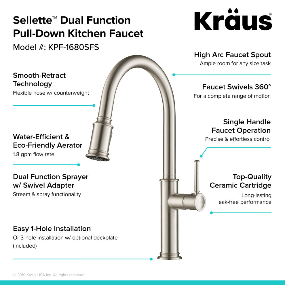 Sellette Pull-Down Kitchen Faucet, Spot Free Stainless Steel, Soap Dispenser