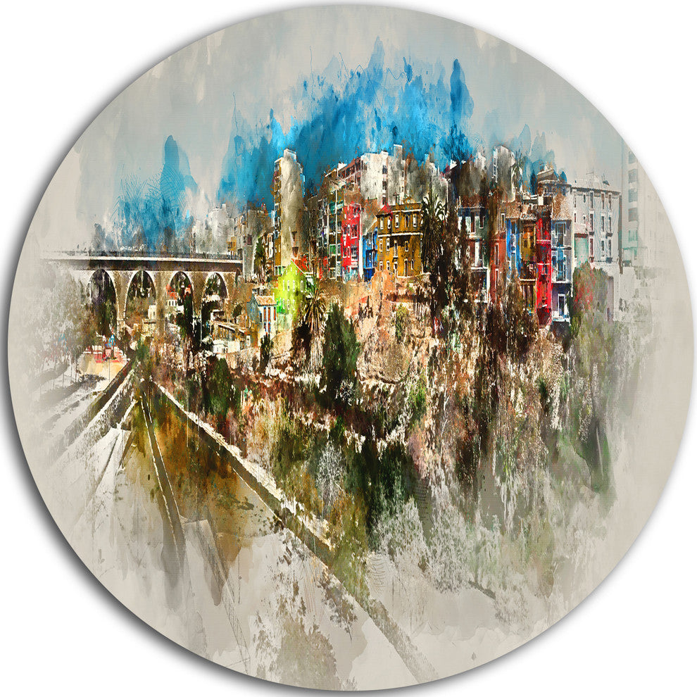 Villajoyosa Town Watercolor, Cityscape Large Disc Metal Wall Art, 11"
