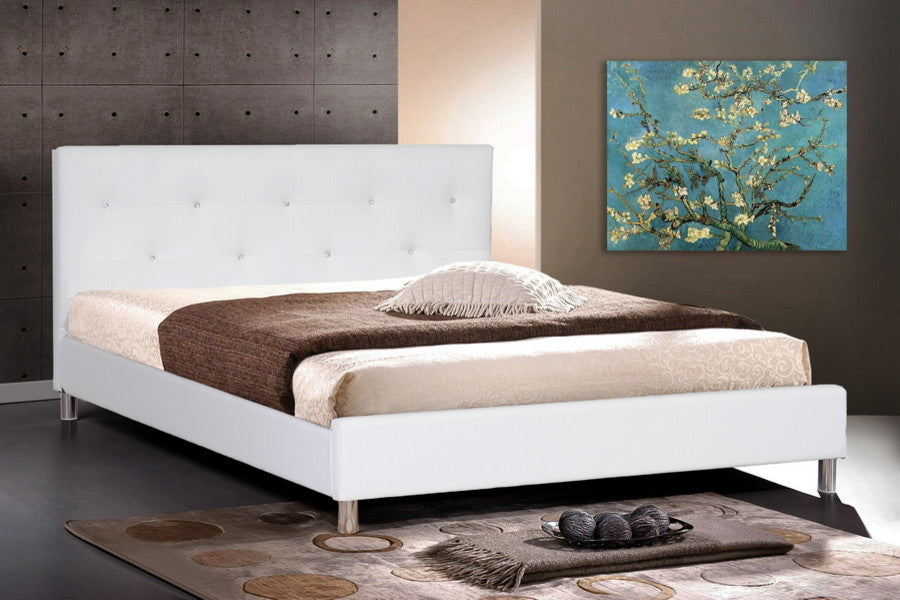 Barbara White Modern Bed With Crystal Button Tufting, Full Size
