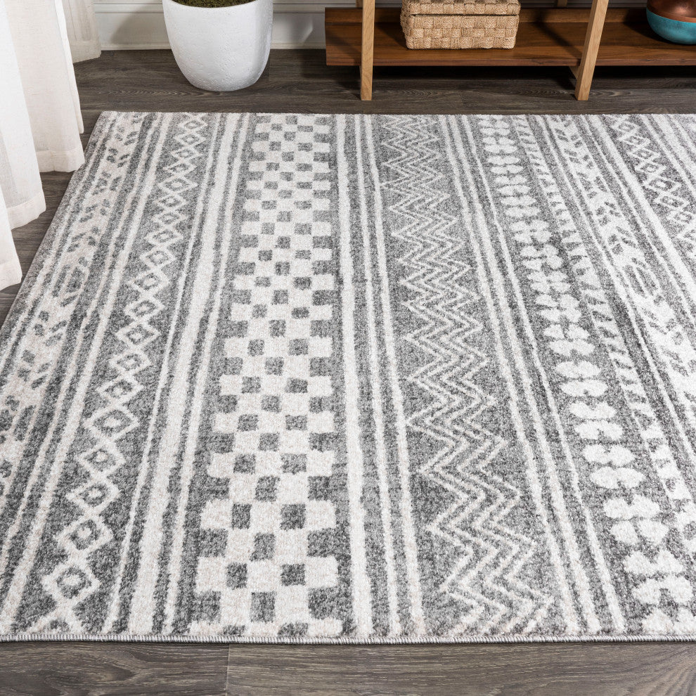 Imlil Tribal Geometric Stripe Light Gray/Cream Rug, 5 X 8