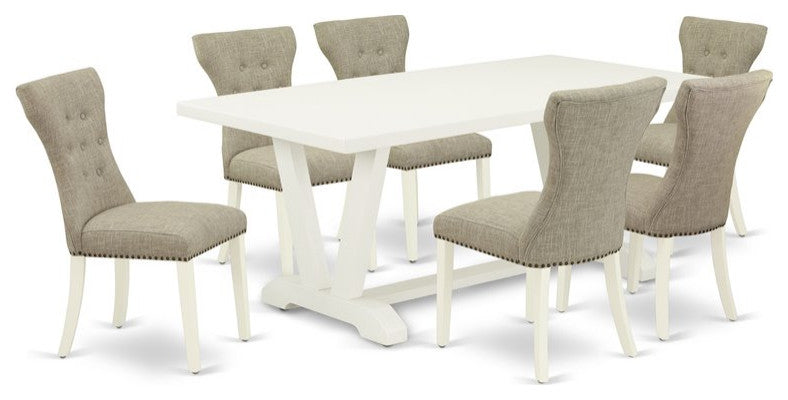 7-Piece Set, 6 Chairs, Table Top and Wooden Legs, Linen White
