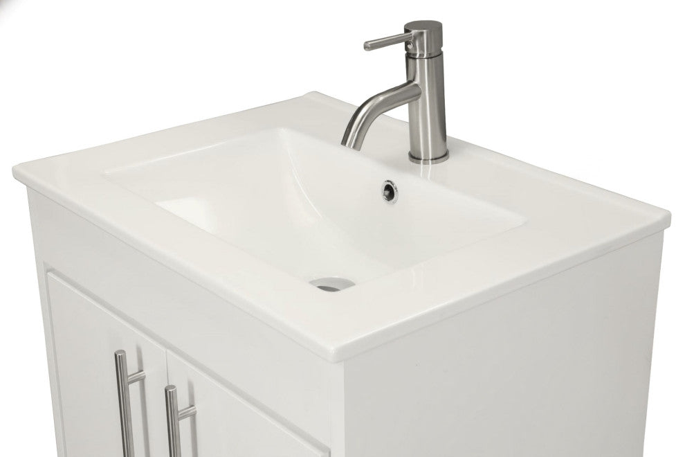 Pacific 24 Bathroom Vanity With Ceramic Top and Brushed Nickel Handles, White