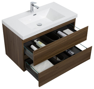 Aurora Wall Mount Vanity, White Acrylic Top, Smokey Walnut, 36"