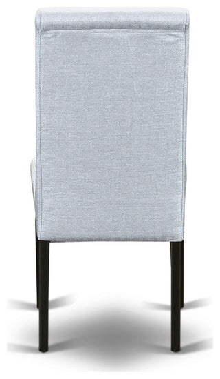 3Pc Small Round Table, Grayish Blue Fabric Kitchen Chairs, Black Chair Legs
