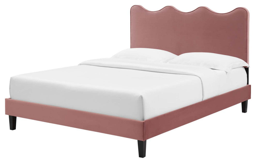 Platform Bed Frame, King Size, Pink, Velvet, Modern, Bedroom Master Guest Suite