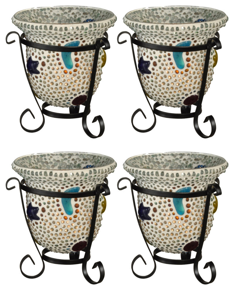 Springdale 4" Bead Star Cup 4-Piece Mosaic Art Glass Candle Votive Set