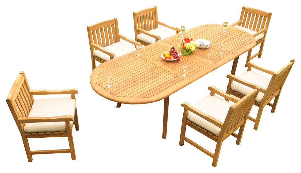 7-Piece Outdoor Teak Dining Set, 117" Extension Oval Table, 6 Devon Arm Chairs