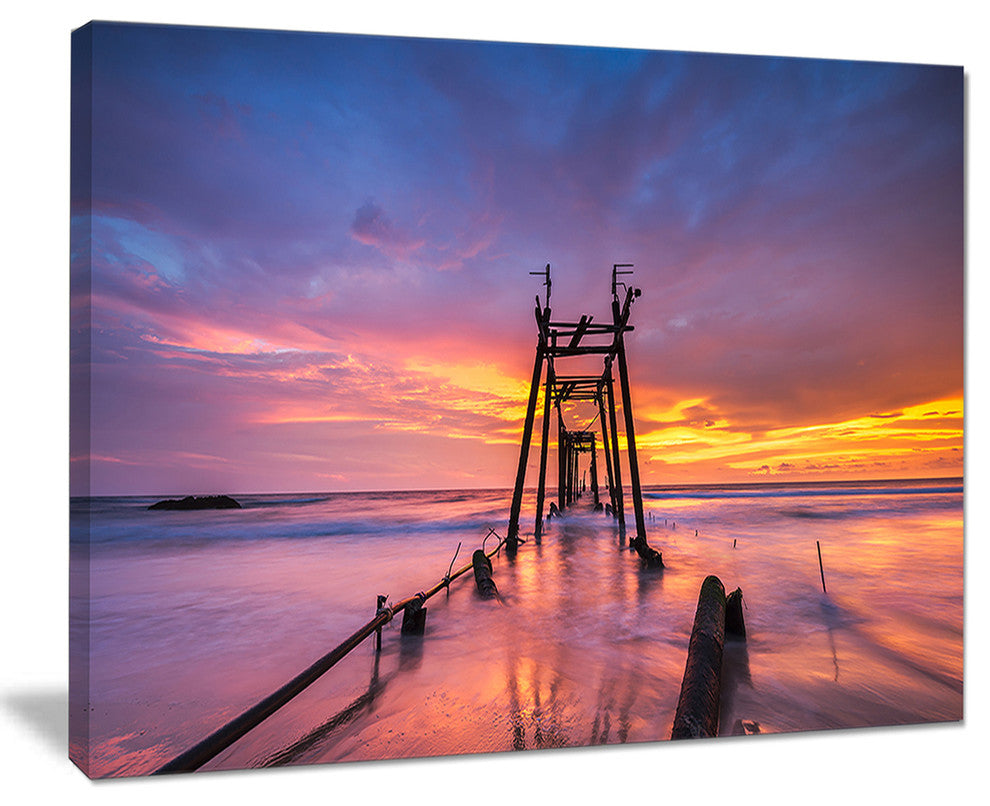 "Broken Wooden Bridge At Sunset" Sea Pier and Bridge Wall Art, 40"x30"