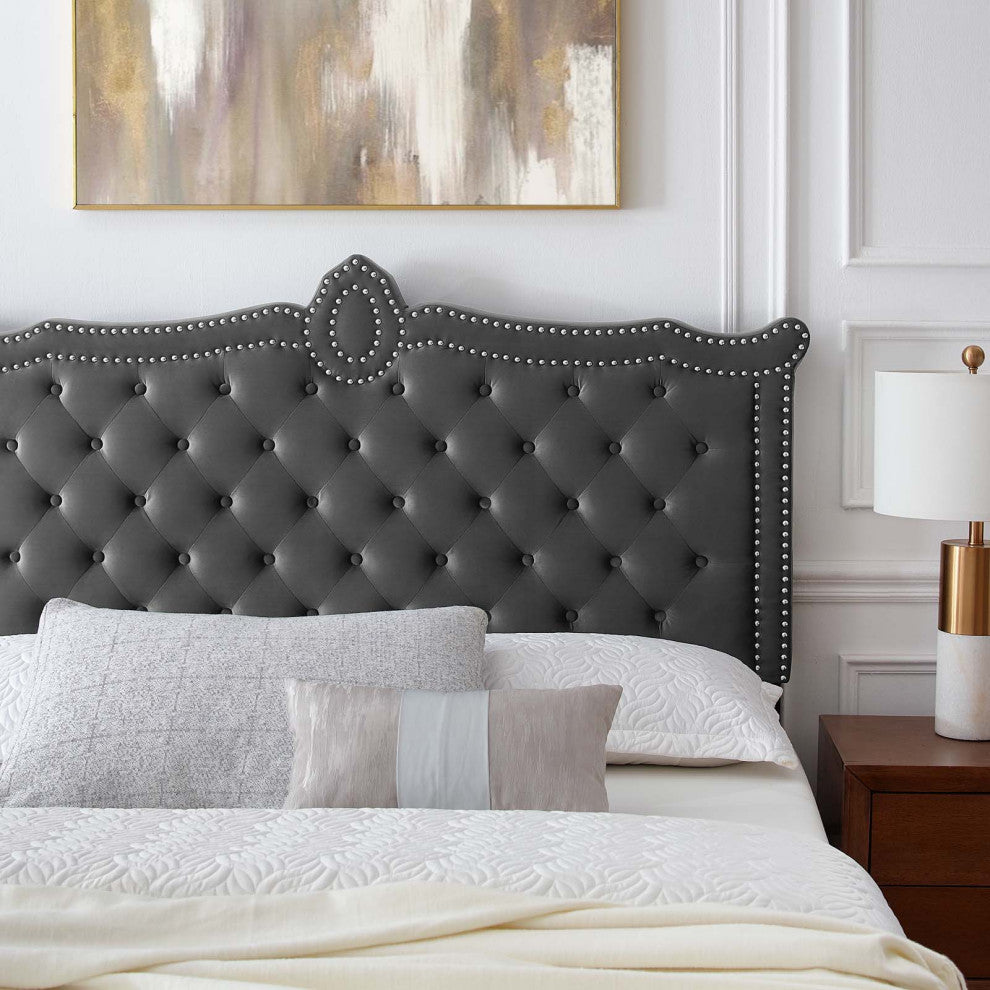 Platform Bed Frame, Nailhead, Queen Size, Charcoal Gray, Velvet, Modern