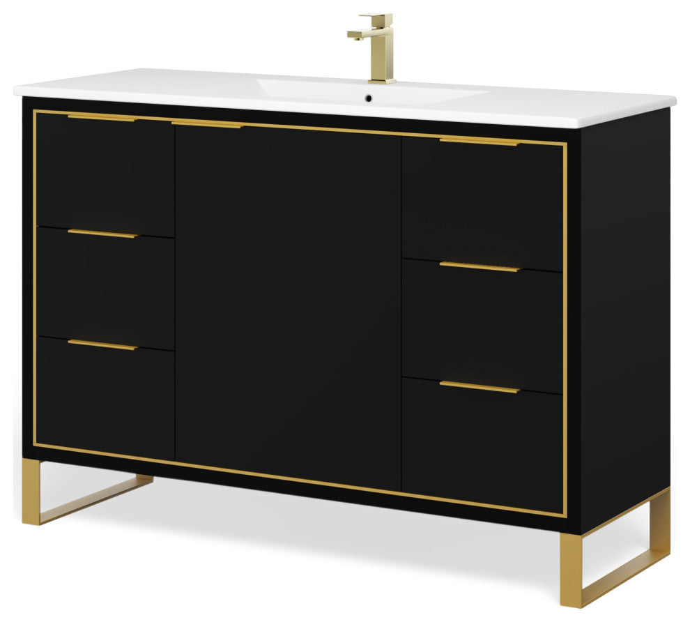 Bradford Bath Vanity, Black Matte, 48", Satin Brass Hardware, Single Sink, Freestanding