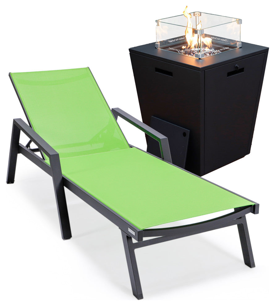LeisureMod Marlin Chaise Lounge Chair With Arms and Fire Pit Table, Green